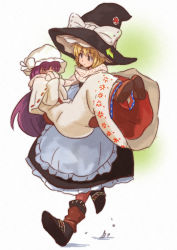 Rule 34 | 2girls, alternate costume, blonde hair, blush, boots, capelet, carrying, closed eyes, female focus, hat, kirisame marisa, long hair, mittens, multiple girls, patchouli knowledge, princess carry, purple hair, scarf, shared clothes, shared scarf, shibasaki shouji, simple background, touhou, witch hat, yuri