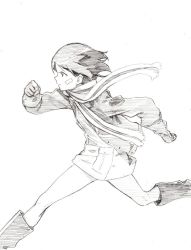 Rule 34 | 1girl, bandaid, bandaid on cheek, bandaid on face, boots, brave witches, graphite (medium), kanno naoe, running, scarf, shiratama (hockey), short hair, sketch, solo, traditional media, world witches series