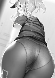 Rule 34 | 1girl, ahoge, artoria pendragon (fate), ass, baseball cap, blurry, blurry background, blush, fate/grand order, fate (series), from behind, greyscale, hair between eyes, hamadamiku01, hat, lace, lace panties, looking at viewer, looking back, monochrome, mysterious heroine x (fate), panties, panties under pantyhose, pantyhose, parted lips, ponytail, scarf, shirt, solo, underwear