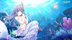 Rule 34 | 1girl, bare shoulders, breasts, cleavage, closed mouth, date a live, date a live: spirit pledge, earrings, fish, grey eyes, hair ornament, highres, izayoi miku, jellyfish, jewelry, light purple hair, long hair, looking at viewer, mermaid, monster girl, necklace, official art, smile, solo, underwater