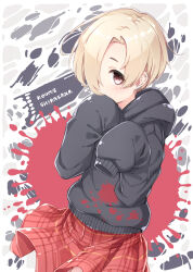 Rule 34 | 1girl, black hoodie, blonde hair, blood, blood on clothes, blood splatter, blush, brown eyes, character name, commentary request, covering own mouth, cowboy shot, curtained hair, ear piercing, earrings, hair over one eye, hand over own mouth, hands up, hood, hood down, hoodie, idolmaster, idolmaster cinderella girls, jewelry, kuresuku (lessons), looking at viewer, looking to the side, miniskirt, parted bangs, piercing, plaid, plaid skirt, pleated skirt, raised eyebrow, red skirt, shirasaka koume, short hair, single earring, skirt, sleeves past fingers, sleeves past wrists, solo, thick eyelashes, three quarter view