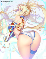 Rule 34 | 1girl, ass, bare shoulders, blonde hair, blue eyes, blush, bradamante (fate), braid, breasts, cameltoe, detached sleeves, elbow gloves, fate/grand order, fate (series), from behind, gloves, hong (white spider), huge ass, leaning, leaning forward, leotard, long hair, looking at viewer, shiny skin, sideboob, solo, thighhighs, twintails, very long hair