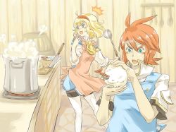 Rule 34 | 00s, ^^^, apron, blonde hair, blue eyes, boots, cooking, failure, green eyes, hairband, indoors, luke fon fabre, natalia luzu kimlasca lanvaldear, pantyhose, red hair, short hair, shrimp, standing, tales of (series), tales of the abyss, thigh boots, thighhighs, v-shaped eyebrows, white legwear