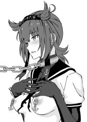 Rule 34 | 10s, 1girl, amano ameno, anchor symbol, bdsm, blush, breasts, brown hair, chain, choker, collar, elbow gloves, gloves, greyscale, hand on own chest, hatsuzuki (kancolle), headband, kantai collection, leash, medium breasts, monochrome, nipple piercing, nipples, parted lips, piercing, short hair, slave, solo, torn clothes
