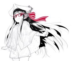 Rule 34 | blunt bangs, closed mouth, commentary request, cowboy shot, floating hair, glasses, hair ribbon, headphones, horned girl (jaco), horns, jaco, long hair, long sleeves, looking at viewer, monochrome, original, poncho, red eyes, ribbon, simple background, sketch, smile, solo, spot color, standing, unfinished, very long hair, white background
