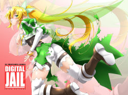 Rule 34 | 10s, 1girl, ass, blonde hair, blush, boots, bracelet, breasts, elf, from behind, green eyes, jewelry, large breasts, leafa, long hair, looking at viewer, natsuno suika, nipples, pointy ears, puffy sleeves, shorts, skirt, sword art online, torn clothes, wings, wink