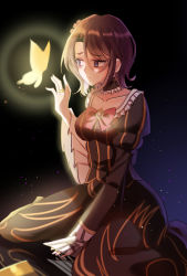 Rule 34 | bow, brown hair, bug, butterfly, choker, collarbone, dark persona, dress, frilled choker, frilled dress, frills, hair ornament, highres, insect, jewelry, juliet sleeves, long sleeves, puffy sleeves, pumpkin jiang, ring, solo, solo focus, spoilers, umineko no naku koro ni, yasu (umineko), yellow butterfly