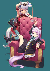 Rule 34 | 2girls, animal ears, aqua bow, aqua bowtie, aqua ribbon, armpits, black footwear, black headwear, black skirt, blunt bangs, boots, bow, bowtie, chair, commentary, cross-laced footwear, cup, deadnooodles, decantering, ear ribbon, gloves, gold ship (umamusume), green background, highres, holding, holding cup, horse ears, horse girl, horse tail, long hair, long sleeves, looking at viewer, mejiro mcqueen (umamusume), multiple girls, on chair, parted bangs, pillbox hat, purple eyes, purple hair, red eyes, ribbon, silver hair, simple background, skirt, symbol-only commentary, tail, tea, teacup, thighs, umamusume, white gloves