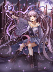 Rule 34 | 1girl, :d, absurdres, belt, boots, brown footwear, cross-laced footwear, crystal, dress, high heel boots, high heels, highres, jewelry, long hair, magical girl, necklace, open mouth, outdoors, purple dress, purple eyes, purple hair, sitting, smile, solo, twintails, very long hair, wand, wide sleeves, yagyun