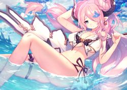 Rule 34 | 10s, 1girl, alternate costume, bikini, blue eyes, breasts, cleavage, cloud, covered erect nipples, day, draph, granblue fantasy, heart, heart-shaped pupils, horns, large breasts, long hair, looking at viewer, mamuru, narmaya (granblue fantasy), narmaya (summer) (granblue fantasy), pink hair, puffy nipples, smile, solo, swimsuit, symbol-shaped pupils, thighs, water, white bikini