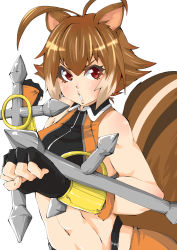Rule 34 | 1girl, animal ears, antenna hair, arc system works, blazblue, blazblue: continuum shift, breasts, brown hair, female focus, makai, makoto nanaya, miniskirt, red eyes, short hair, simple background, skirt, solo, squirrel ears, squirrel tail, tail, tonfa, weapon, white background