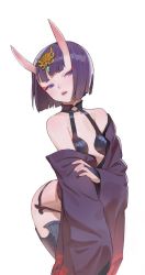 Rule 34 | 1girl, bad id, bad twitter id, bare shoulders, breasts, commentary, cowboy shot, fate/grand order, fate (series), horns, looking at viewer, open mouth, purple eyes, purple hair, short hair, shuten douji (fate), simple background, small breasts, solo, timbougami, white background