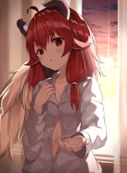 1girl, ahoge, angel wings, animal ears, blush, borrowed character, commentary, curtains, eyebrows visible through hair, feathered wings, goat ears, goat horns, grey shirt, hair between eyes, head tilt, highres, horns, long sleeves, looking at viewer, low tied hair, medium hair, midriff peek, navel, open mouth, original, outstretched arm, red eyes, red hair, shirt, side ponytail, sira (user dswn7488), sky, solo, sunset, upper body, window, wings