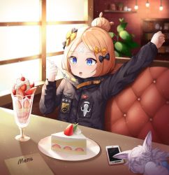 Rule 34 | 1girl, abigail williams (fate), abigail williams (traveling outfit) (fate), absurdres, bandaid, bandaid on face, bandaid on forehead, belt, black bow, black jacket, blonde hair, blue eyes, blush, bow, breasts, cake, crossed bandaids, fate/grand order, fate (series), food, forehead, fork, fou (fate), hair bow, hair bun, heroic spirit traveling outfit, high collar, highres, jacket, long hair, long sleeves, multiple hair bows, official alternate costume, open mouth, orange belt, orange bow, parfait, parted bangs, polka dot, polka dot bow, shuvi (shuvi1125), single hair bun, small breasts, solo, table, window
