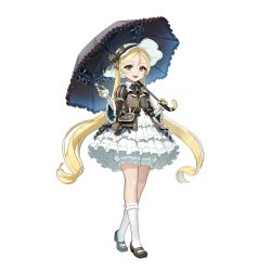 Rule 34 | 1girl, blonde hair, bloomers, blue eyes, dress, ellie quickhand, full body, hat, highres, last origin, lolita fashion, long hair, mary janes, mechanical arms, official art, parasol, shoes, single mechanical arm, smile, solo, tachi-e, taesi, transparent background, umbrella, underwear, very long hair