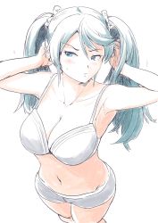 Rule 34 | 1girl, blue eyes, blue hair, bra, breasts, cleavage, cowboy shot, grey shorts, highres, isuzu (kancolle), kantai collection, large breasts, long hair, short shorts, shorts, simple background, solo, standing, twintails, underwear, underwear only, vent arbre, white background, white bra