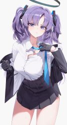Rule 34 | 1girl, black gloves, black jacket, black skirt, blue archive, blue eyes, blue necktie, breasts, closed mouth, collared shirt, cowboy shot, gloves, halo, highres, jacket, large breasts, long hair, necktie, necktie grab, neckwear grab, pleated skirt, purple hair, rivet (vvrn2825), shirt, shirt tucked in, simple background, skirt, solo, sweat, two side up, white background, white shirt, yuuka (blue archive)