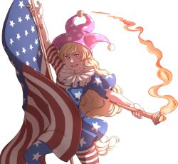 Rule 34 | 1girl, american flag, american flag dress, american flag legwear, blonde hair, clownpiece, commentary, dress, fire, fourth of july, hat, jester cap, long hair, looking at viewer, mefomefo, neck ruff, outstretched arms, pantyhose, pink eyes, polka dot, short dress, short sleeves, simple background, smile, solo, star (symbol), striped clothes, striped pantyhose, teeth, torch, touhou, very long hair