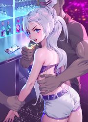 Rule 34 | 1girl, 2boys, alcohol, angry, arm grab, ass, bare shoulders, belt, bottle, cellphone, commentary request, cup, hair ornament, hairclip, highres, holding, holding cup, long hair, looking at viewer, multiple boys, muscular, phone, ponytail, revision, rwby, scar, scar across eye, scar on face, shirt, short shorts, shorts, solo focus, wangxiii, weiss schnee, white hair, white shorts