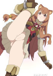 Rule 34 | 1girl, absurdres, animal ears, anus, ass, baba arumi, blunt bangs, blush, boots, bottomless, brown hair, cameltoe, censored, cleft of venus, collar, dated, dress, from below, gloves, groin, highres, leg lift, leg up, long hair, long sleeves, mosaic censoring, no panties, purple eyes, pussy, raccoon ears, raccoon girl, raccoon tail, raphtalia, ribbed sweater, simple background, skirt, slave, smile, solo, standing, sweater, tail, tate no yuusha no nariagari, upskirt, white background