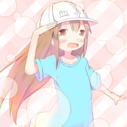 Rule 34 | 10s, 1girl, :d, arm up, blue shirt, blush, brown eyes, brown hair, character name, collarbone, commentary request, flat cap, hair between eyes, hat, hataraku saibou, highres, long hair, open mouth, outstretched arm, platelet (hataraku saibou), salute, shirt, short sleeves, smile, solo, su guryu, very long hair, white hat