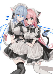 Rule 34 | 2girls, absurdres, alternate costume, animal ears, apron, bell, black bow, black dress, black gloves, black legwear, black necktie, blue bow, blue collar, blue eyes, blue hair, blue wings, blush, bow, breasts, cat ears, cat girl, cat tail, chihuri, closed mouth, collar, collared dress, commentary request, detached wings, dress, enmaided, frilled apron, frills, garter straps, gloves, hair between eyes, heart, highres, holding hands, interlocked fingers, jingle bell, long hair, maid, maid headdress, medium breasts, multiple girls, neck bell, necktie, original, pink bow, pink hair, puffy short sleeves, puffy sleeves, purple eyes, short sleeves, tail, tail bow, tail ornament, thighhighs, very long hair, white apron, white legwear, wings, yuri