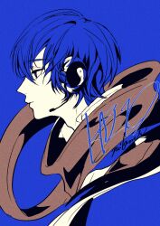 Rule 34 | 1boy, 3kuma, blue background, blue theme, character name, expressionless, from side, headphones, highres, kaito (vocaloid), limited palette, looking ahead, male focus, profile, scarf, short hair, signature, solo, upper body, vocaloid