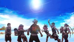 Rule 34 | 4boys, 4girls, angry, back, bad id, bad twitter id, baggy pants, bandana, baseball cap, blue sky, closed eyes, cloud, covered navel, creatures (company), dark-skinned male, dark skin, day, everyone, eyewear on head, game freak, group picture, guzma (pokemon), half-closed eyes, hand on another&#039;s arm, hand on another&#039;s head, hand on own hip, happy, hat, hood, hoodie, multicolored hair, multiple boys, multiple girls, navel, nintendo, no-kan, no hikado, ocean, open mouth, pants, pink hair, plumeria (pokemon), pokemon, pokemon sm, punk girl (pokemon), punk guy (pokemon), running, shoes, short hair, sky, sleeveless, smile, sun, sunglasses, tank top, team skull, thigh strap, twintails, two-tone hair, watch, wavy hair, white hair, wristband