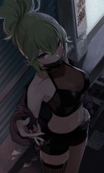 Rule 34 | 1girl, absurdres, alley, alternate costume, armpits, bare shoulders, black jacket, black shirt, black shorts, breasts, brown thighhighs, cigarette, cleavage, collarbone, crop top, fishnet thighhighs, fishnets, from above, genshin impact, green hair, hand on own hip, highres, holding, jacket, kuki shinobu, long hair, looking at viewer, looking up, mask, medium breasts, midriff, mouth mask, navel, off shoulder, open clothes, open jacket, ponytail, purple eyes, see-through, seorang, shirt, short shorts, shorts, single thighhigh, sleeveless, sleeveless shirt, solo, standing, stomach, thighhighs, thighs