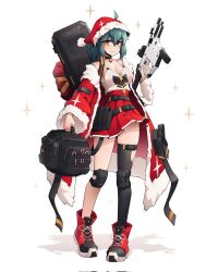 Rule 34 | 1girl, ahoge, asymmetrical legwear, bag, blue hair, breasts, candy, candy cane, cleavage, coat, commentary, corrupted twitter file, food, full body, fur-trimmed coat, fur trim, gun, hat, high-capacity magazine, highres, holding, holding bag, jestami, kriss vector, medium breasts, medium hair, open clothes, open coat, orange eyes, original, pleated skirt, ponytail, pun, red coat, red footwear, red hat, red skirt, santa costume, santa hat, sidelocks, skirt, solo, sparkle background, submachine gun, weapon