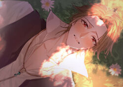 Rule 34 | 1boy, brown hair, brown vest, clock zero, collared shirt, crying, crying with eyes open, daisy, flower, grass, jewelry, jouhouya (clock zero), kaori, looking up, lying, male focus, necklace, on back, red eyes, shirt, short hair, solo, tears, vest, white shirt
