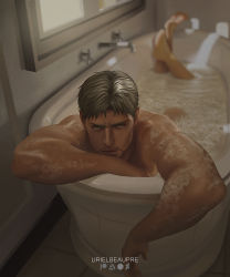 Rule 34 | 1boy, artist name, bara, bathing, bathtub, blonde hair, closed mouth, completely nude, facial hair, highres, legs folded, legs up, looking at viewer, lying, male focus, muscular, muscular male, nude, on stomach, reiner braun, shingeki no kyojin, short hair, solo, urielbeaupre15, wet, wet hair