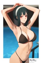 Rule 34 | 1girl, absurdres, armpits, arms up, artist name, bikini, black bikini, black hair, blurry, blurry background, blush, border, breasts, closed mouth, hairband, highres, large breasts, lips, looking at viewer, navel, pool, red eyes, short hair with long locks, sidelocks, smile, solo, spy x family, stomach, swimsuit, water, white border, white hairband, wusie2, yor briar