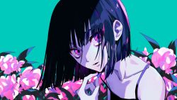 Rule 34 | 1girl, absurdres, bare shoulders, black dress, black hair, bob cut, collarbone, commentary request, dress, floral background, highres, holding pill, looking at viewer, original, parted lips, purple eyes, short hair, solo, urkt 10