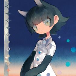 Rule 34 | 1other, alt text, androgynous, animal ears, blue background, buttons, closed mouth, collared shirt, commentary request, dot nose, extra ears, gradient background, green eyes, green hair, head tilt, highres, looking at viewer, nedoco, orange background, original, own hands together, shirt, short hair, short sleeves, solo, two-tone background, upper body, white shirt