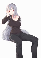 Rule 34 | 1girl, alternate costume, arknights, arm behind back, black pants, black shirt, blush, bra strap, breasts, casual, closed mouth, collarbone, expressionless, feet out of frame, hand on own cheek, hand on own face, highres, inniyik, invisible chair, large breasts, long hair, long sleeves, pants, red eyes, shirt, silver hair, simple background, sitting, skadi (arknights), solo, track pants, very long hair, white background