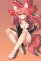 Rule 34 | 1girl, absurdres, animal ear fluff, animal ears, arm between legs, barefoot, between legs, black choker, black gloves, blush, bow, breasts, choker, cleavage, closed mouth, elbow gloves, fate/grand order, fate (series), fox ears, fox tail, gloves, hair bow, highres, koyanskaya (assassin) (first ascension) (fate), large breasts, legs, long hair, looking at viewer, nail polish, orange background, pink hair, red bow, red nails, shadow, simple background, smile, solo, tail, tamamo (fate), tamamo no mae (fate/extra), toenail polish, toenails, toes, twintails, xiao miao