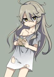 Rule 34 | 1girl, :t, aged down, ahoge, blue eyes, burger, eating, food, food on face, grey background, grey hair, hair between eyes, highres, holding, holding food, iowa (kancolle), kantai collection, long hair, messy hair, naked shirt, nassukun, off shoulder, oversized clothes, oversized shirt, shirt, simple background, solo, star-shaped pupils, star (symbol), symbol-shaped pupils, torn clothes, torn shirt, yellow pupils