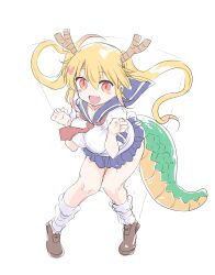 Rule 34 | 1girl, :d, blonde hair, blue sailor collar, blue skirt, blush, breasts, brown footwear, commentary, cool-kyou shinja, dragon girl, dragon horns, dragon tail, fang, full body, green tail, hair between eyes, hands up, heart, highres, horns, kneehighs, knees together feet apart, kobayashi-san chi no maidragon, large breasts, long hair, looking at viewer, loose socks, miniskirt, necktie, open mouth, pigeon-toed, pleated skirt, red eyes, red necktie, sailor collar, scales, school uniform, serafuku, shirt, shoes, short sleeves, simple background, sketch, skin fang, skirt, slit pupils, smile, socks, solo, standing, tail, tohru (maidragon), twintails, white background, white shirt, white socks