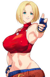 Rule 34 | 1girl, belt, blonde hair, blue eyes, blue mary, breasts, fingerless gloves, gloves, highres, jewelry, large breasts, looking at viewer, midriff, navel, necklace, smile, snk, the king of fighters