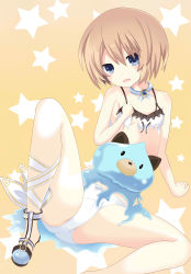 Rule 34 | 10s, 1girl, absurdres, bare shoulders, blanc (neptunia), blue eyes, brown hair, dogoo, highres, looking at viewer, neptune (series), open mouth, panties, ramu-on@ shinon, short hair, solo, tears, torn clothes, underwear