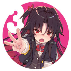 Rule 34 | 10s, 1girl, :o, black hair, black jacket, blush, bow, brown vest, fingernails, hair between eyes, hair bow, jacket, layered sleeves, long hair, long sleeves, looking at viewer, multicolored hair, nose blush, official art, open mouth, outstretched arm, promotional art, red bow, red eyes, red hair, ryuuou no oshigoto!, shirabi, shirt, short over long sleeves, short sleeves, solo, two-tone hair, very long hair, vest, w, white shirt, yashajin ai