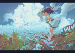 Rule 34 | 1girl, bare legs, bird, brown hair, cloud, commentary request, day, dress, closed eyes, flower, full body, highres, holding, holding flower, holding skull, leaning forward, letterboxed, long hair, object kiss, original, outdoors, potg (piotegu), railing, shoes, signature, skull, sneakers, solo, sunflower, white dress, white footwear, winged footwear, wings