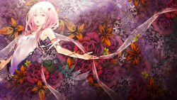 Rule 34 | 10s, 1girl, collarbone, covered navel, dress, flower, guilty crown, hair ornament, highres, long hair, looking at viewer, pink hair, red ribbon, redjuice, ribbon, see-through, solo, white dress, yuzuriha inori
