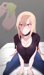 Rule 34 | 1girl, bad id, bad pixiv id, bed, black shirt, blonde hair, blush, breasts, choker, cleavage, commentary request, denim, highres, jeans, korean text, large breasts, long hair, male hand, money, original, pants, pocari sweat (artist), prostitution, purple eyes, shirt, sweat, t-shirt, wide-eyed
