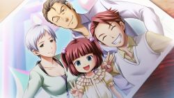 Rule 34 | 2boys, 2girls, alternate costume, artist request, blunt bangs, brown eyes, brown hair, child, closed eyes, collarbone, dutch angle, family, game cg, grin, happy, highres, husband and wife, multiple boys, multiple girls, official art, one eye closed, parent and child, photo (object), red hair, shirt, short hair, siblings, silver hair, smile, sweater vest, two side up, umineko no naku koro ni, ushiromiya ange, ushiromiya battler, ushiromiya kyrie, ushiromiya rudolf, vest, white shirt