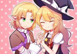 Rule 34 | 2girls, arm warmers, black headwear, black vest, blonde hair, blush, bow, braid, breasts, brown jacket, closed eyes, closed mouth, cookie (touhou), green eyes, hat, hat bow, heart, heart background, highres, holding hands, inabahitomi, interlocked fingers, jacket, joker (cookie), kirisame marisa, looking at another, medium breasts, medium hair, mizuhashi parsee, multicolored clothes, multicolored jacket, multiple girls, parted bangs, pink background, pointy ears, puffy short sleeves, puffy sleeves, red bow, scarf, short sleeves, side braid, single braid, small breasts, smile, star (symbol), suzu (cookie), touhou, upper body, vest, white bow, white scarf, witch hat