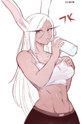 Rule 34 | 1girl, abs, absurdres, animal ears, artist name, bare arms, bare shoulders, boku no hero academia, bottle, breasts, commentary, dark-skinned female, dark skin, english commentary, hair between eyes, highres, holding, holding bottle, large breasts, long eyelashes, long hair, looking at viewer, milestone celebration, mirko, navel, pants, parted bangs, parted lips, pulling own clothes, rabbit ears, rabbit girl, red eyes, scar, scar on arm, shibbunny, shirt tug, sketch, solo, sports bra, toned female, upper body, very long hair, water bottle, white background, white hair, white sports bra, yoga pants