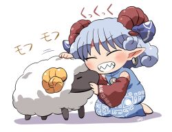 Rule 34 | 1girl, animal, bare shoulders, barefoot, blue dress, blue ribbon, blush, closed eyes, detached sleeves, dress, earrings, grey hair, grin, horn ornament, horn ribbon, horns, jewelry, meandros, pointy ears, red horns, red sleeves, ribbon, rokugou daisuke, sheep, sheep horns, short hair, signature, simple background, smile, solo, touhou, toutetsu yuuma, white background