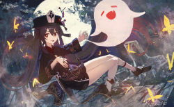 Rule 34 | 1girl, aito, black nails, black shorts, brown hair, bug, butterfly, chinese clothes, coat, coattails, flower, flower-shaped pupils, full body, genshin impact, ghost, hat, hat ornament, highres, hu tao (genshin impact), insect, jewelry, looking at viewer, moon, nail polish, plum blossoms, porkpie hat, red eyes, ring, shorts, socks, symbol-shaped pupils, thighs, tongue, tongue out, twintails, white socks